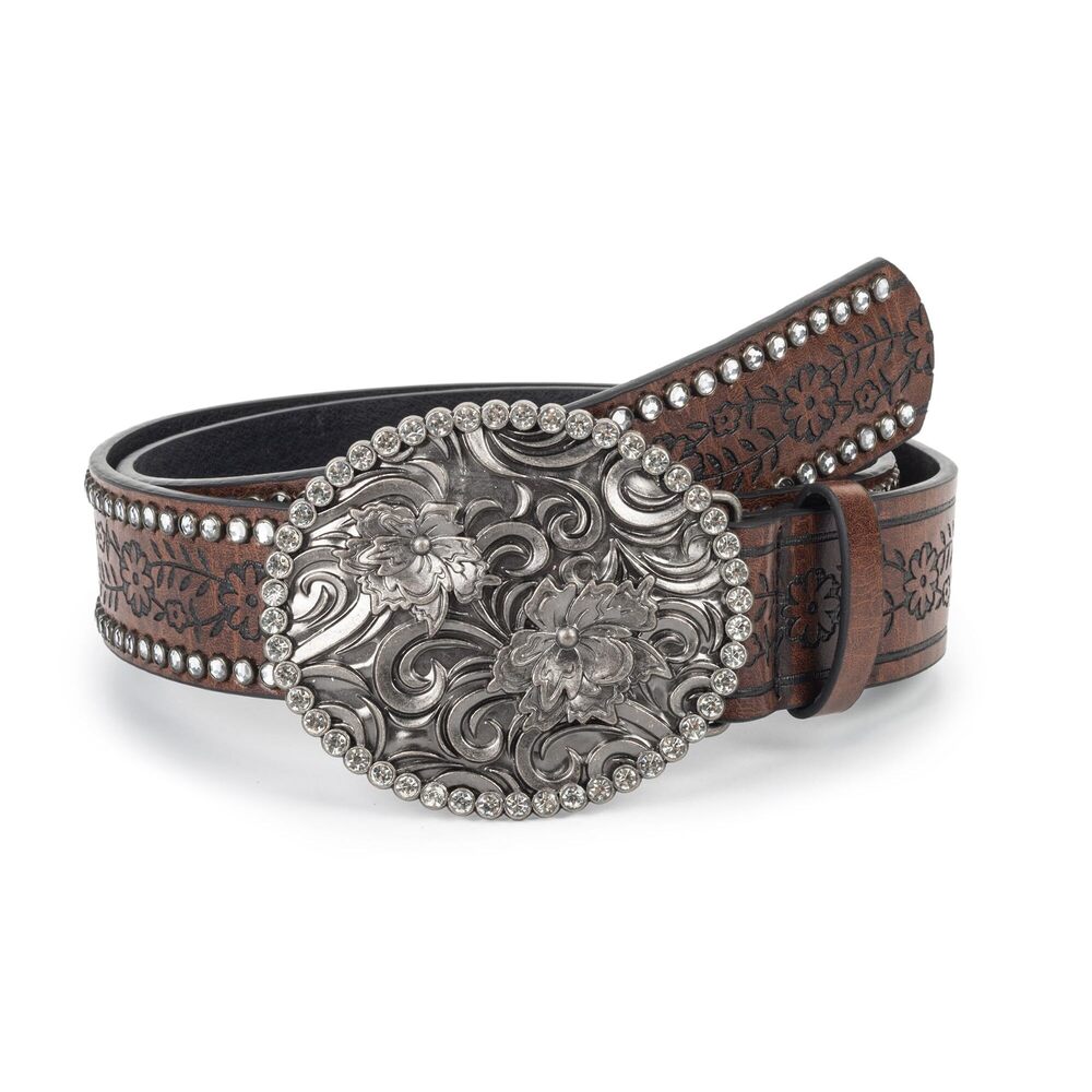 6492 Women Western-belts Rhinestone-cowboy-cowgirl Embossed Floral Pu